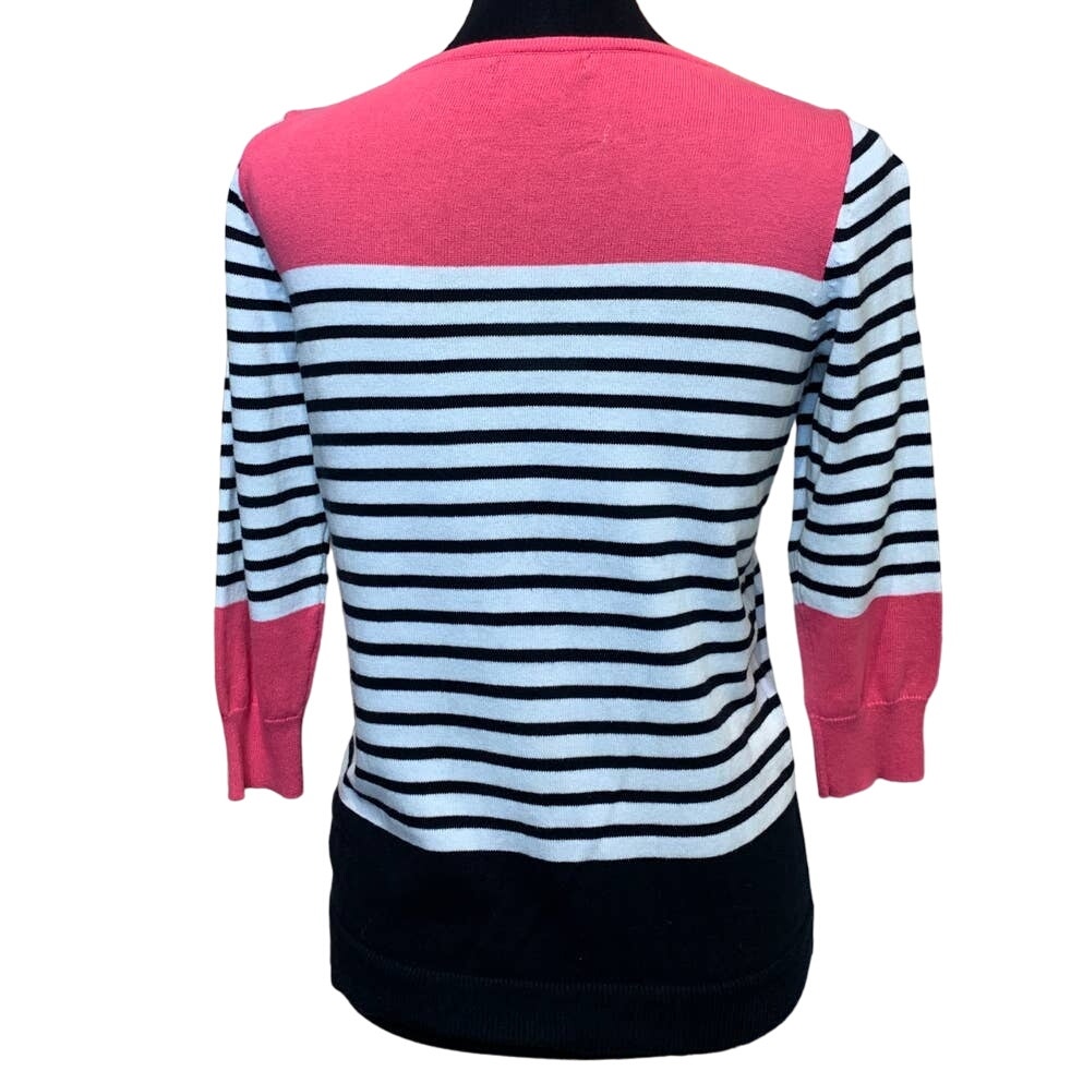 Chaps Medium 100% Cotton Pink Black White Striped 3/4 Sleeve Pullover Sweater