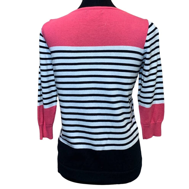 Chaps Medium 100% Cotton Pink Black White Striped 3/4 Sleeve Pullover Sweater