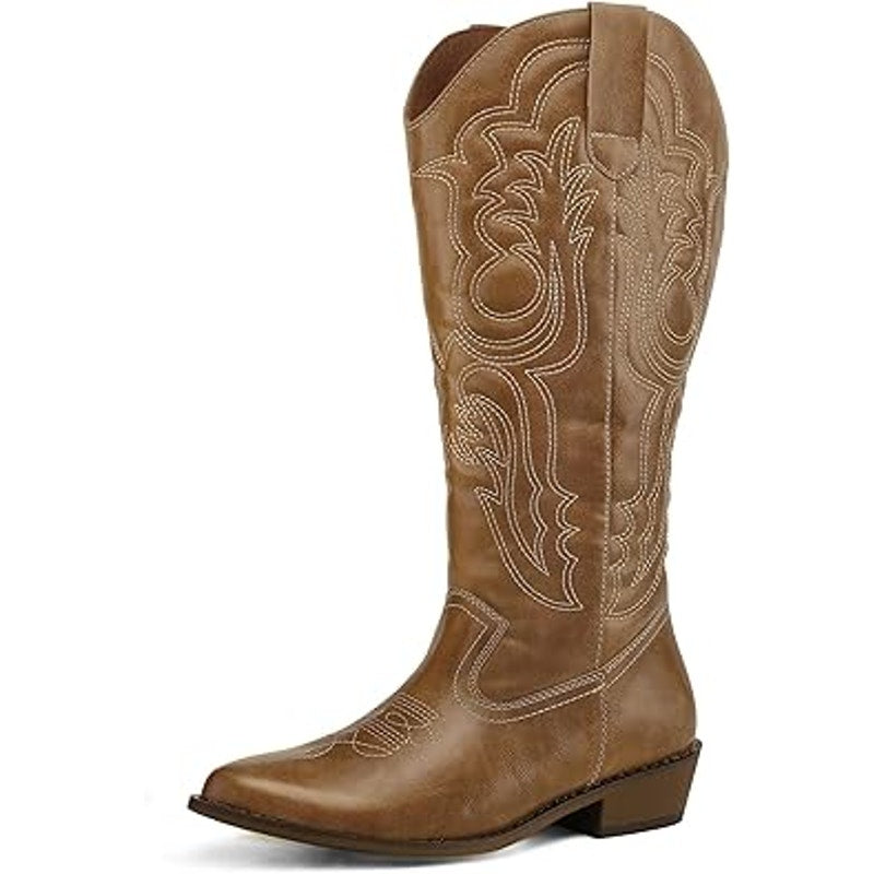 Mysoft Womens 8W 8 Wide Brown Embroidered 1.5" Chunky Heel Cowboy Western Boots
