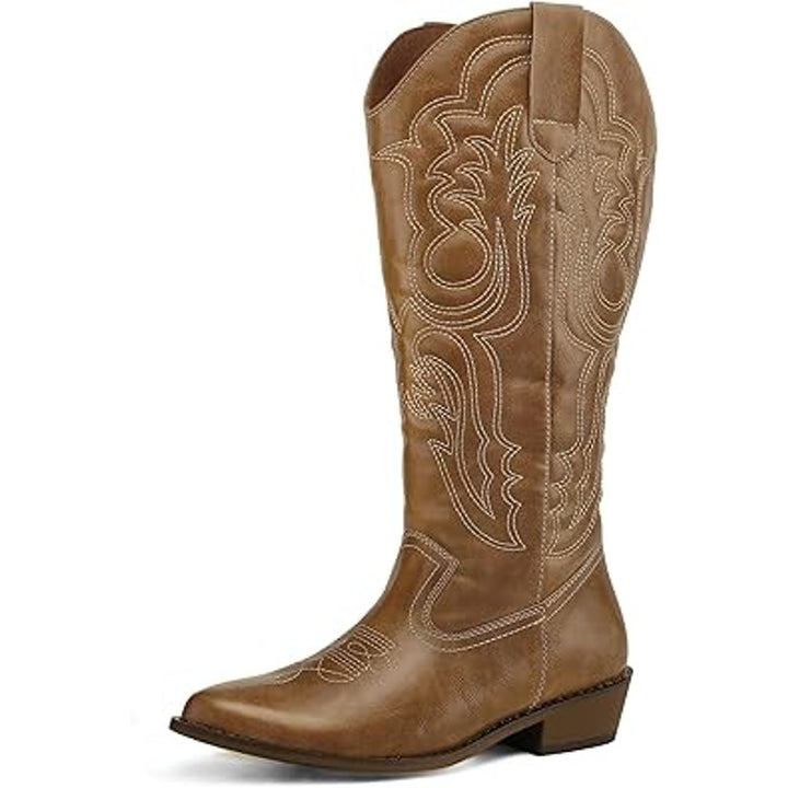 Mysoft Womens 8W 8 Wide Brown Embroidered 1.5" Chunky Heel Cowboy Western Boots