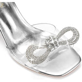 Zurin Womens Size 8.5 Silver Clear Strap Bow Open Toe 4" Heel Ankle Strap Shoes