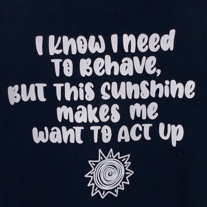New Upcycled Hand Printed Womens Medium Need To Behave Sunshine Summer Tee