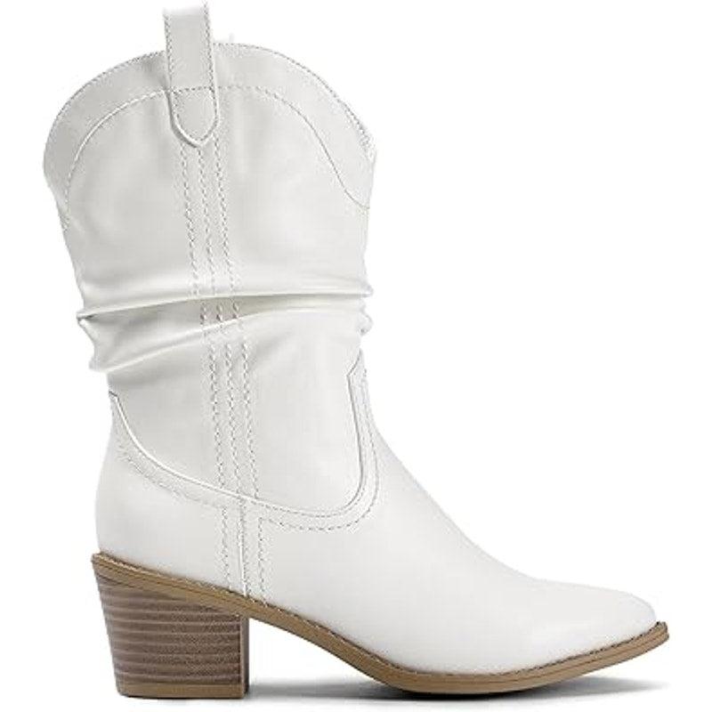 Dream Pairs Womens Size 8 White Faux Leather 2.5" Heel Western Cowboy Boots
