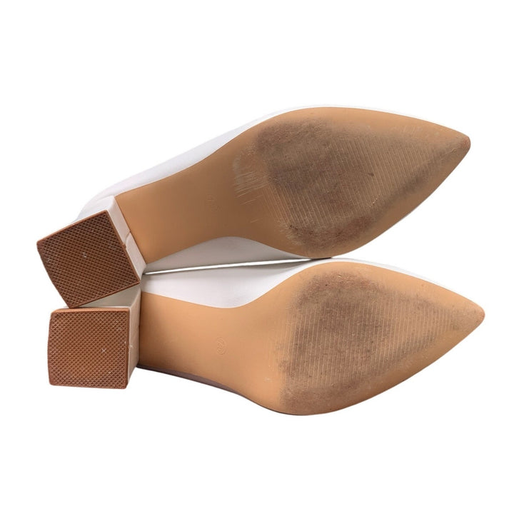 Idifu Womens Size 7.5 White Pointy Toe 3.5" Block Heel Slide On Pumps Shoes