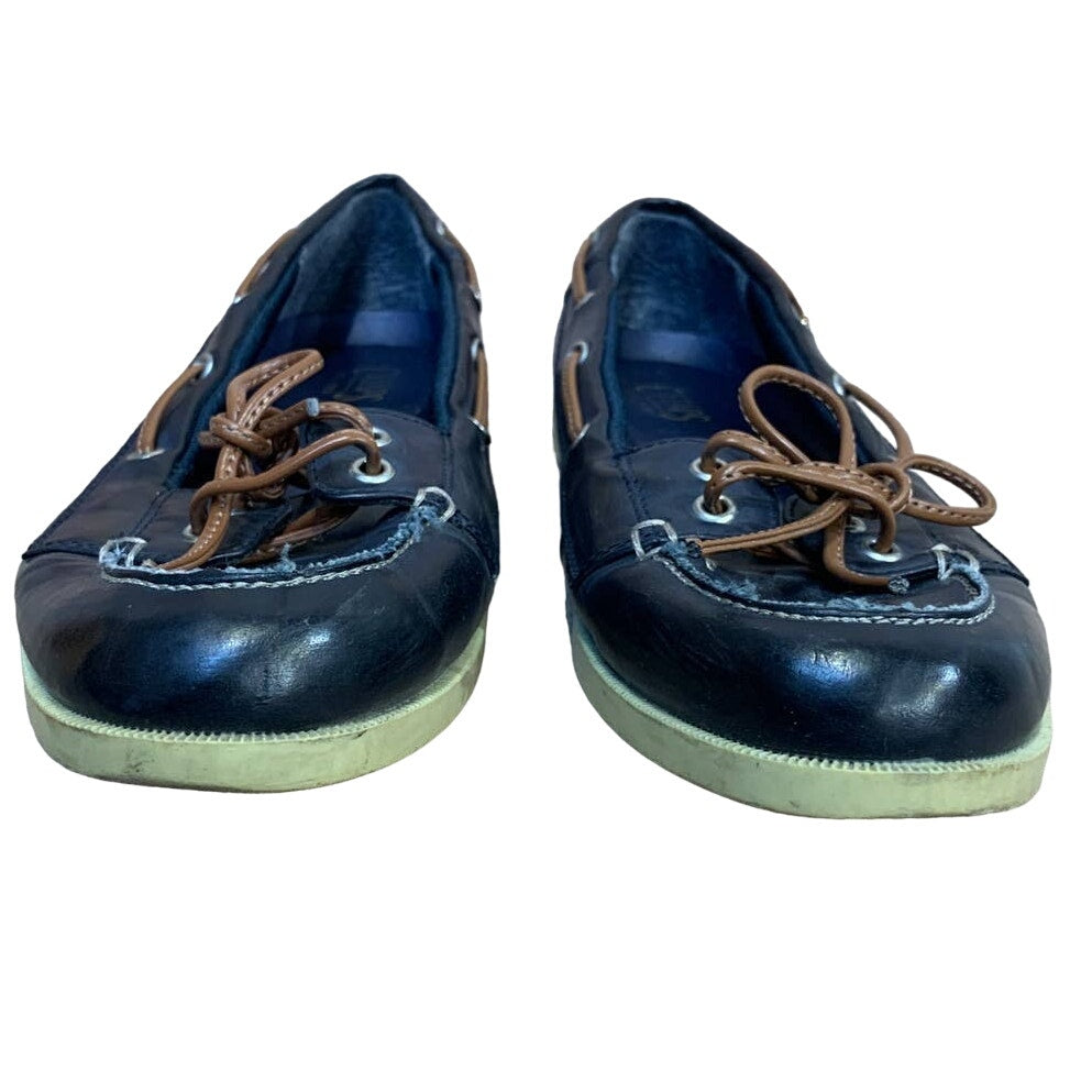 Chaps Ladies Size 8 Navy Blue Leather Slip On Flats Boat Shoes Comfort Loafers