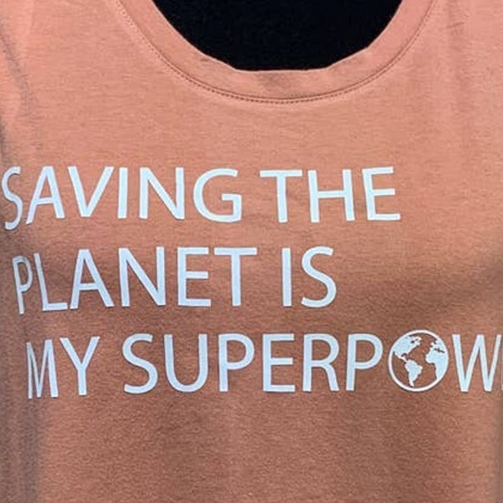 Hand Printed Upcycled Small Saving the Planet is My Superpower Tank Top Tee