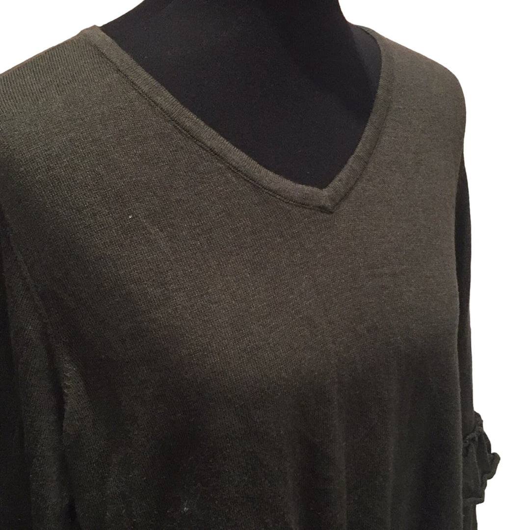 New Style &amp; Co Womens 2X Dark Ivy Green Ruffled Elbow VNeck Long Sleeve Sweater