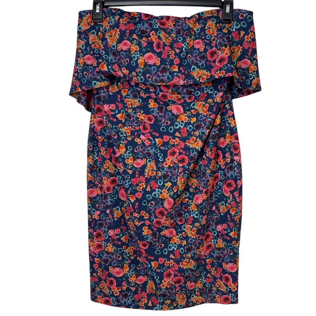 Badgley Mischka Size 10 Blue Floral Popover Sleeveless Knee Length Sheath Dress