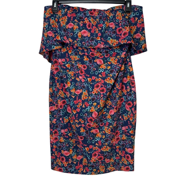 Badgley Mischka Size 10 Blue Floral Popover Sleeveless Knee Length Sheath Dress