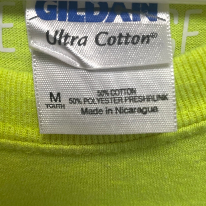 Hand Printed Upcycled Youth Medium Here Comes Chaos Neon Yellow Tee Shirt