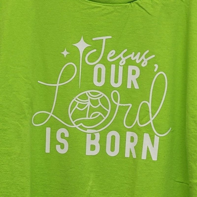 Hand Printed Upcycled Womens Large Jesus Our Lord Is Born Christmas Tee Shirt