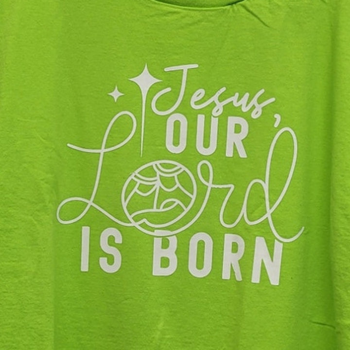 Hand Printed Upcycled Womens Large Jesus Our Lord Is Born Christmas Tee Shirt
