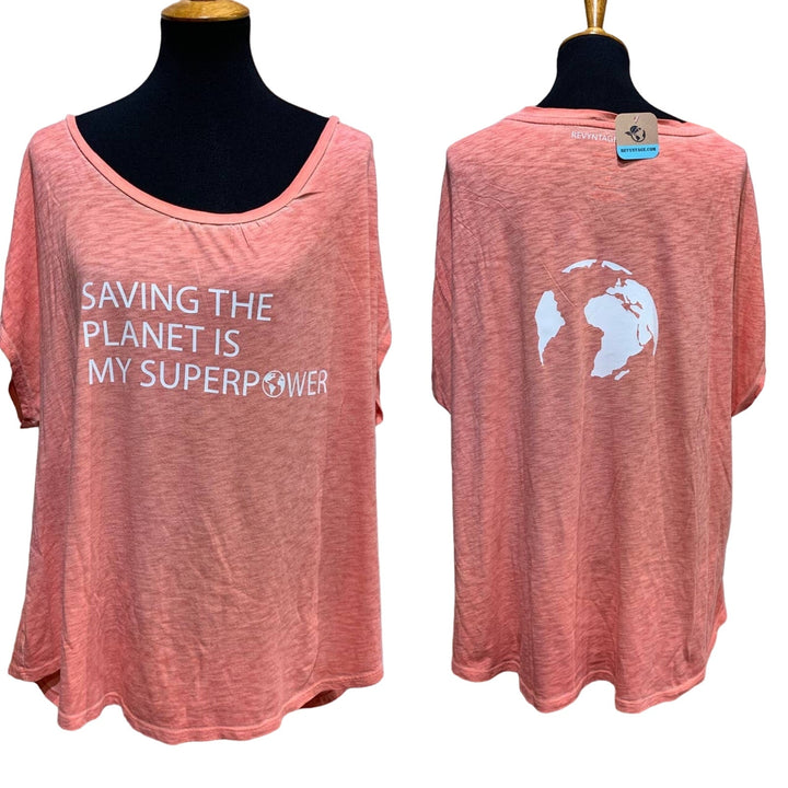 Hand Printed Upcycled Womens 3X Saving the Planet is My Superpower Tee Shirt