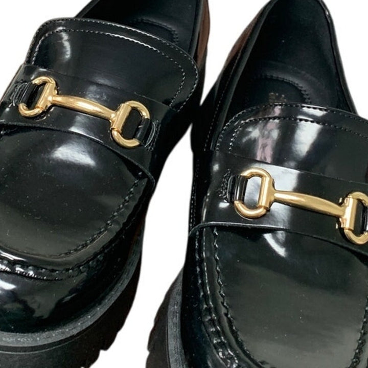 New Dream Pairs Womens 7.5 Black Faux Leather GOLD Buckle Platform Loafer Shoes