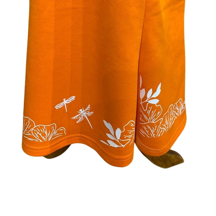 Vintage Hand Printed XL Dragonfly Long Sleeve Polyester Orange Flutter Hem Dress