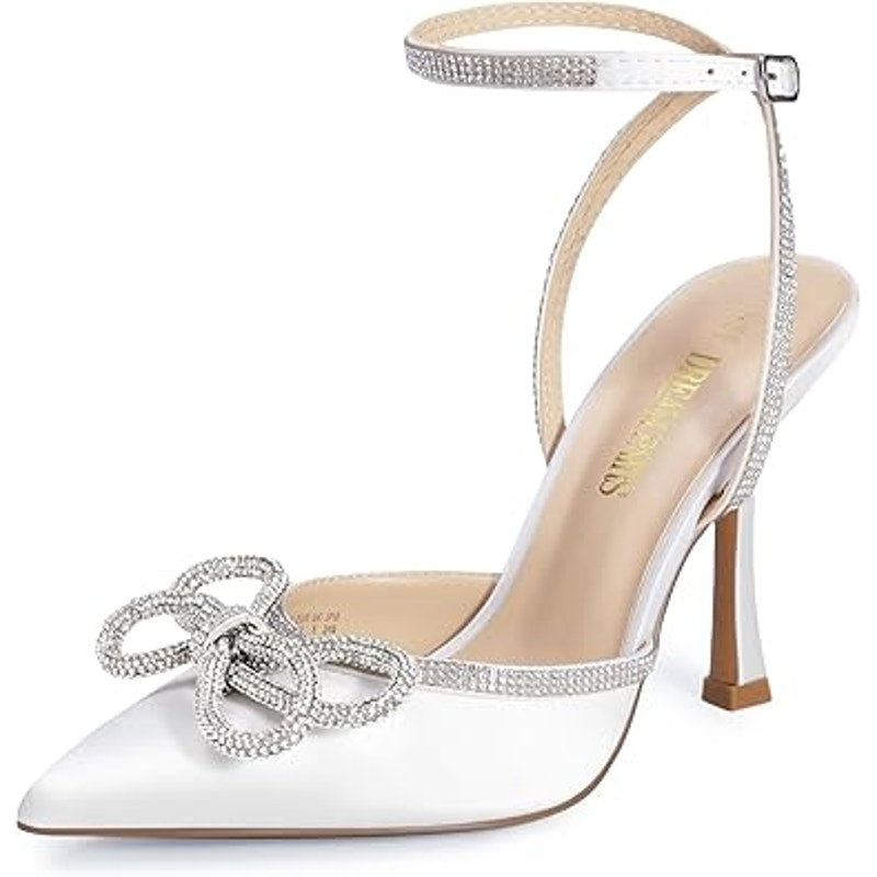Dream Pairs Womens 8.5 White Satin Pointy Toe Silver Rhinestone 4.5" Heel Shoes