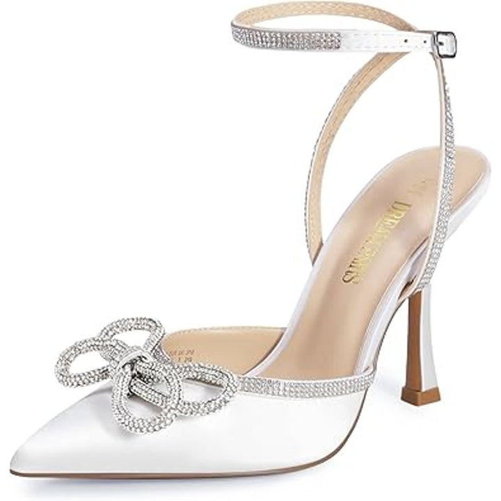 Dream Pairs Womens 8.5 White Satin Pointy Toe Silver Rhinestone 4.5" Heel Shoes