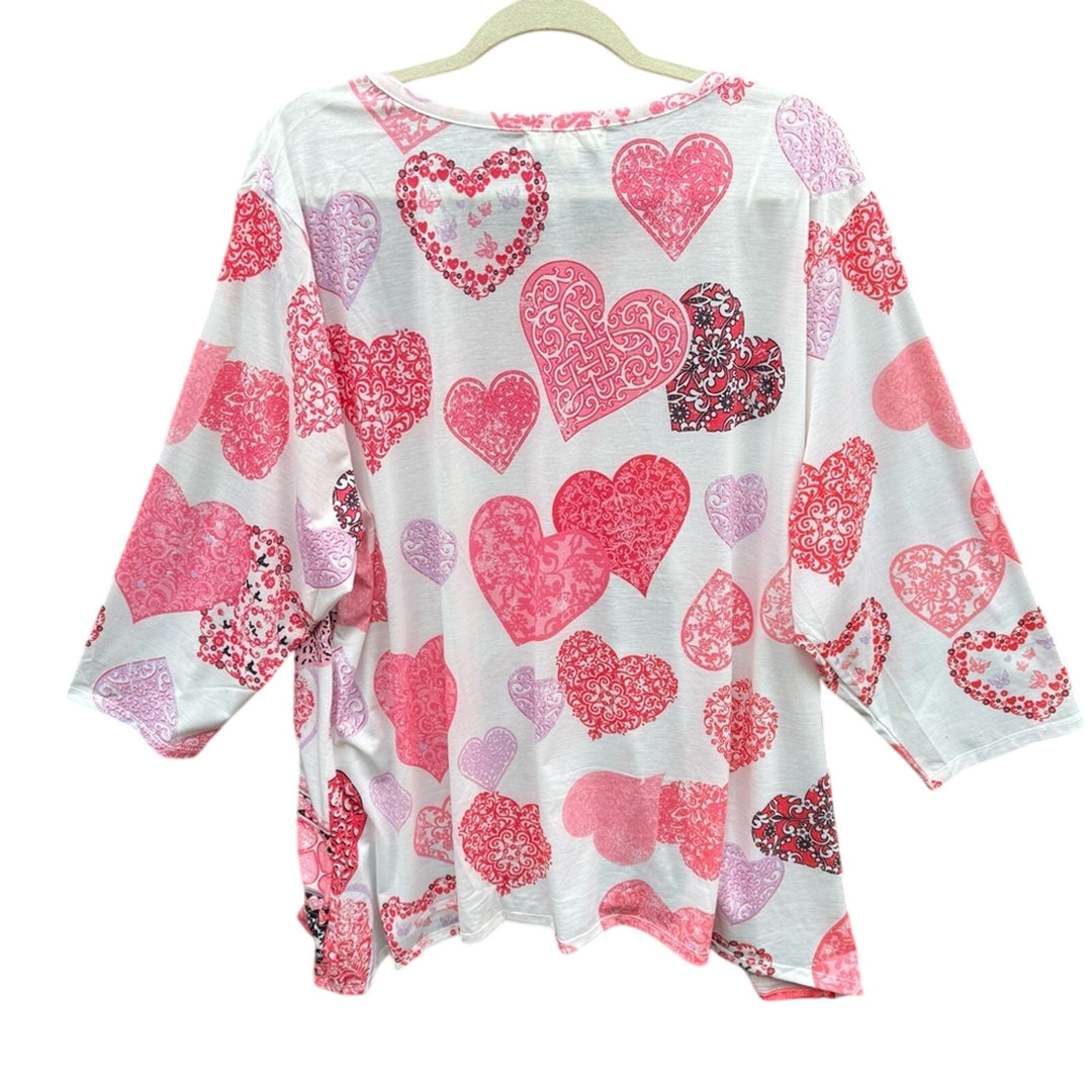New Clover + Pine Womens 3X PolySpandex Pink Heart Patterned Long Sleeve Top