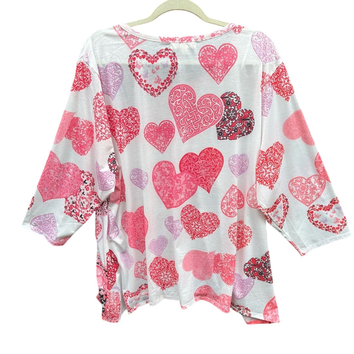 New Clover + Pine Womens 3X PolySpandex Pink Heart Patterned Long Sleeve Top