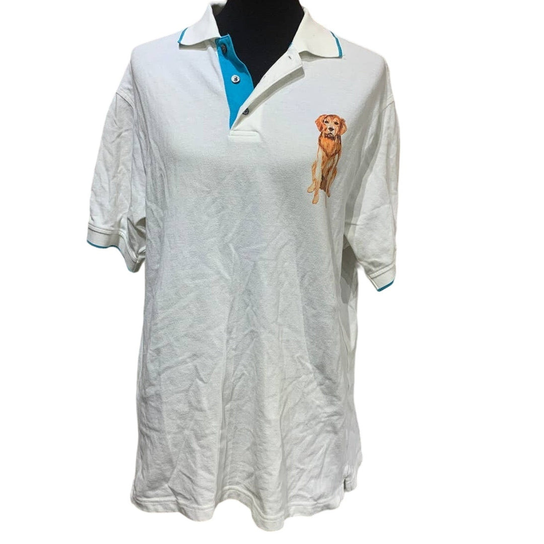 Upcycled Hand Printed Mens Medium Golden Retriever Puppy Dog Polo Shirt