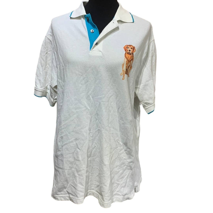 Upcycled Hand Printed Mens Medium Golden Retriever Puppy Dog Polo Shirt