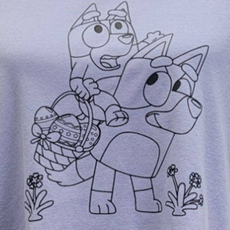 Hand Printed Upcycled Womens Large Bluey Bingo Easter Egg Short Sleeve Tee
