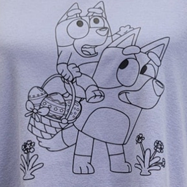 Hand Printed Upcycled Womens Large Bluey Bingo Easter Egg Short Sleeve Tee