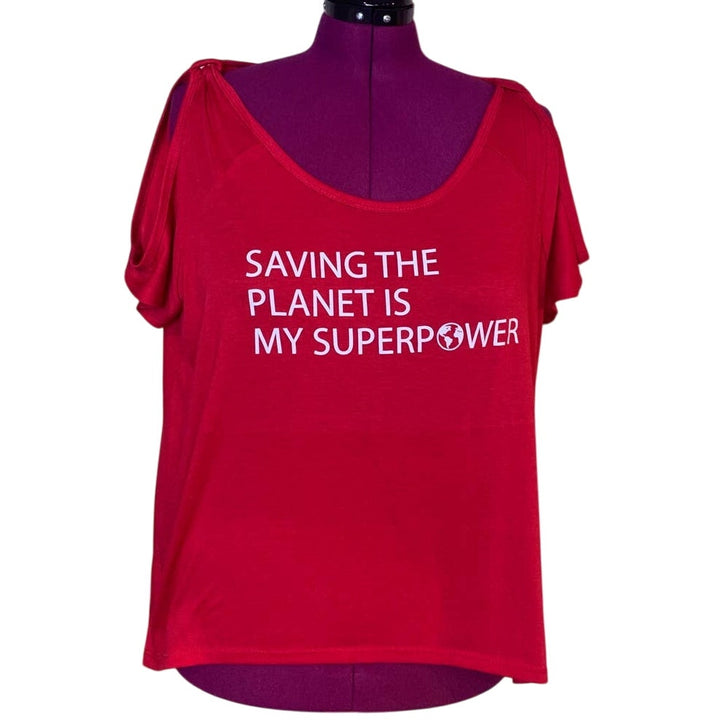 Hand Printed Upcycled Womens 2X Saving the Planet Superpower Cold Shoulder Tee