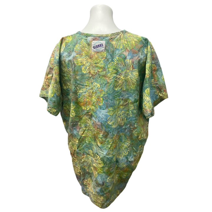 SCRUBS Brand Womens Large Muted Floral Cotton V-Neck Short Sleeve Scrub Top