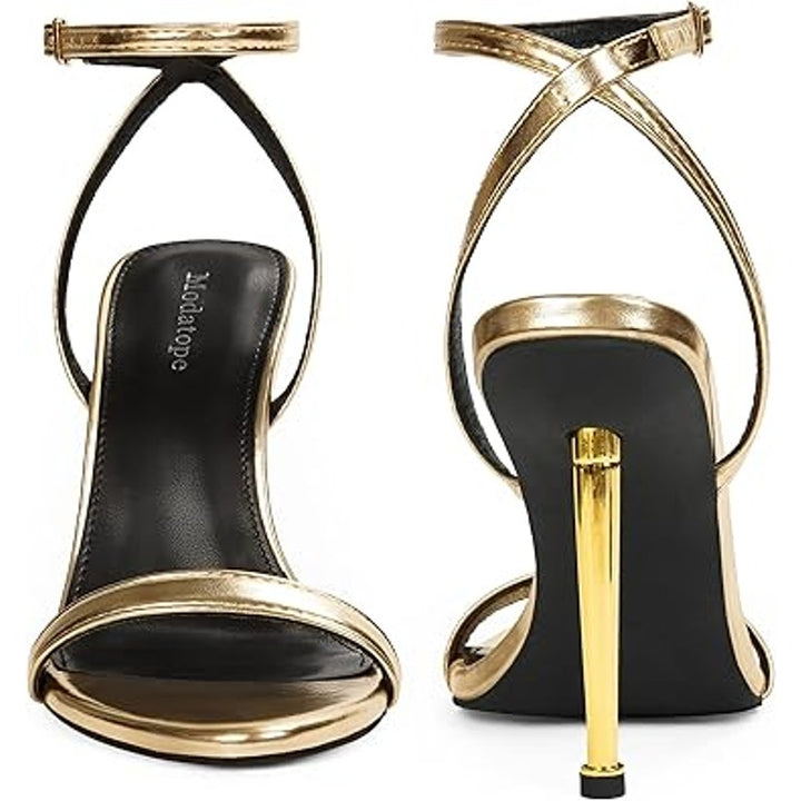 Modatope Womens Size 9 Shiny Gold 4.5" Heel Stiletto Open Toe Ankle Strap Shoes