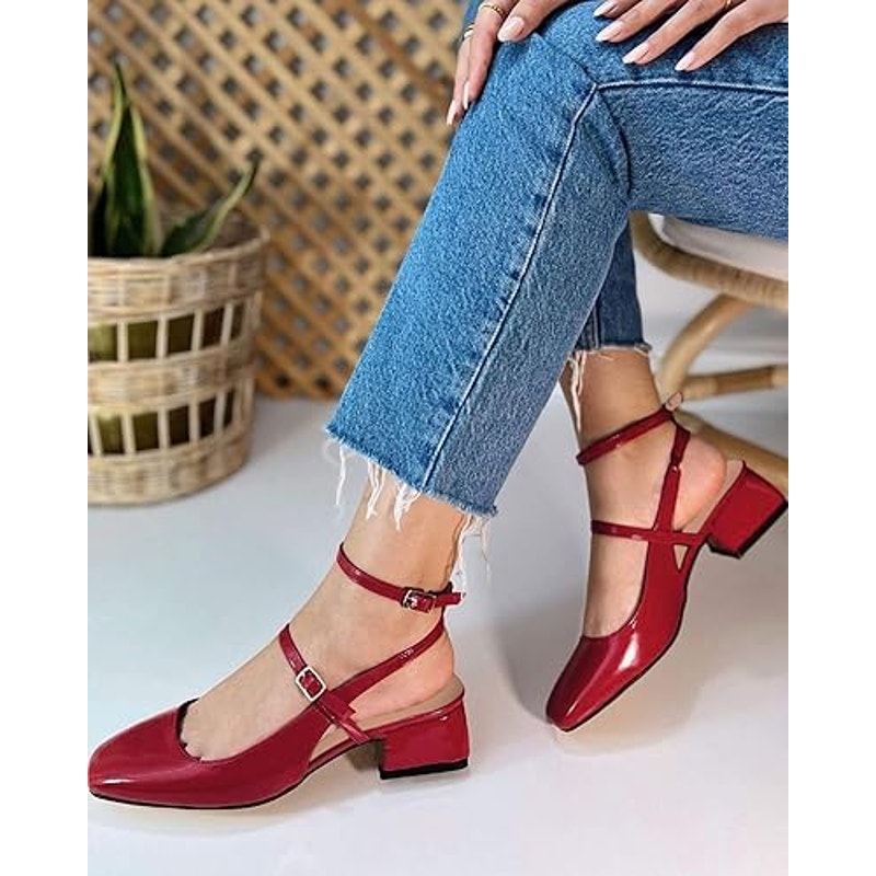 New Coutgo Womens Size 7.5 Shiny Red Mary Jane Chunky Low 1.5" Heels Shoes