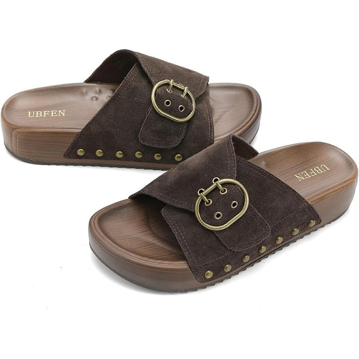 New Ubfen Womens 6.5 Brown Faux Suede Slide On Buckle Cushioned Platform Sandals
