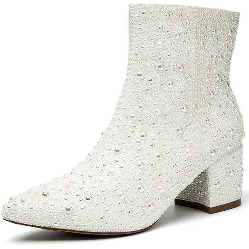 New Yayone Womens 9.5 White Sparkle Pearl Size Zip 2.5"Block Heel Ankle Boots