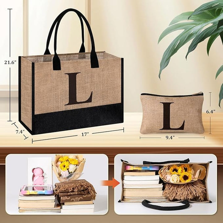 New Itotegifts Initial "L" Large Jute Tote Bag With &amp; Makeup Bag Zipper Pouch