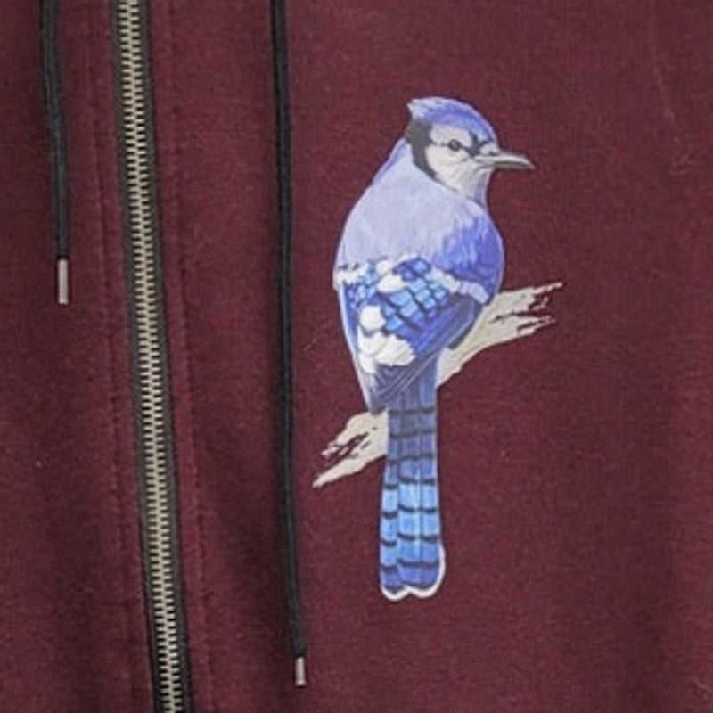 Hand Printed Upcycled Mens Medium Long Sleeve Full Zip Blue Jay Hooded Jacket
