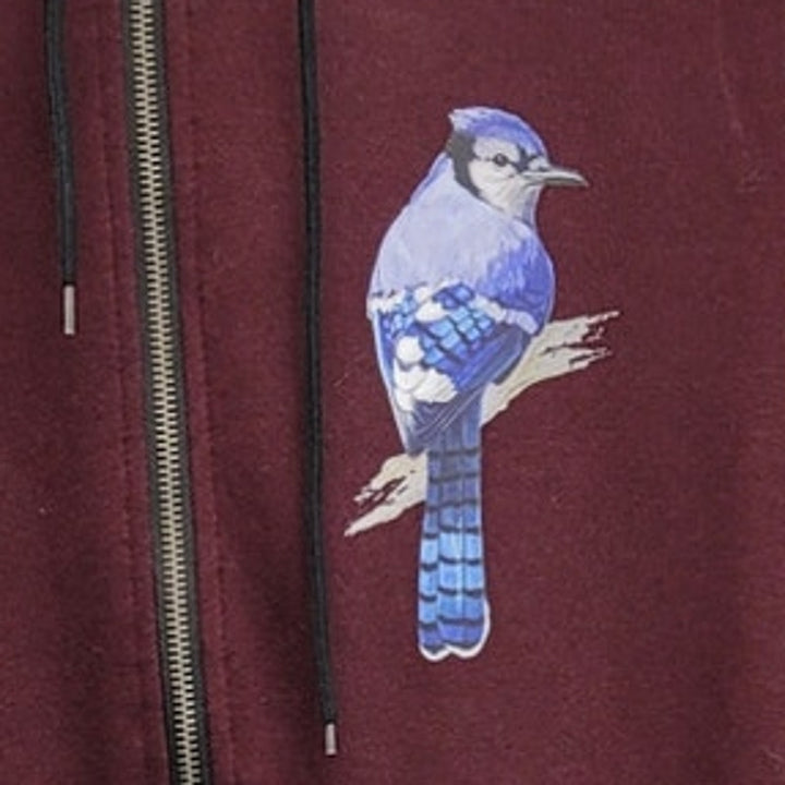 Hand Printed Upcycled Mens Medium Long Sleeve Full Zip Blue Jay Hooded Jacket