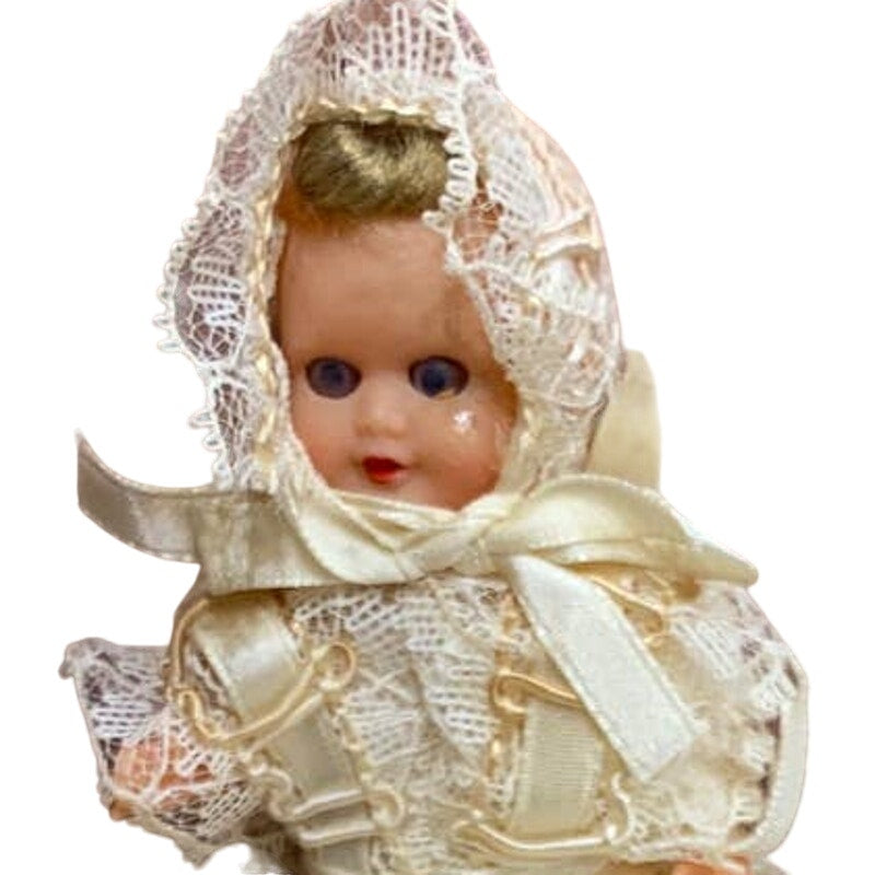 Vintage 4" Small Blond Closing Blue Eyed Plastic Baby Doll in Christening Dress