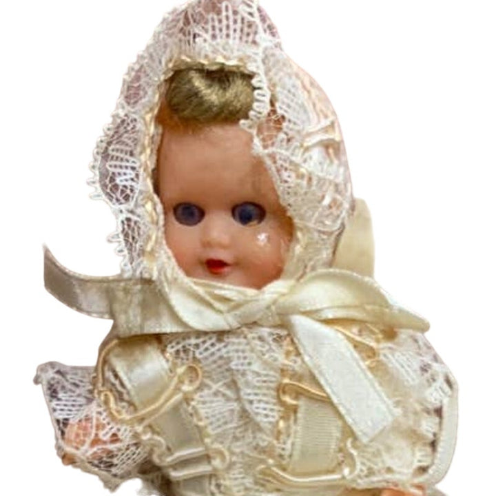 Vintage 4" Small Blond Closing Blue Eyed Plastic Baby Doll in Christening Dress