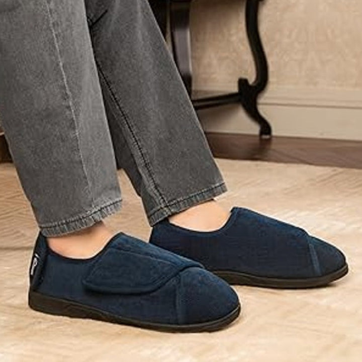 Home Top Mens Size 9 Navy Corduroy Adjustable Hook &amp; Loop Memory Foam Slippers