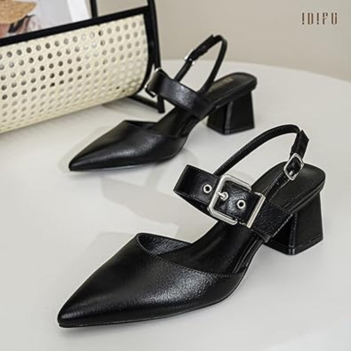 New Idifu Women 9 Black Faux Leather 2.75" Block Heel Pointy Toe Buckle Shoes