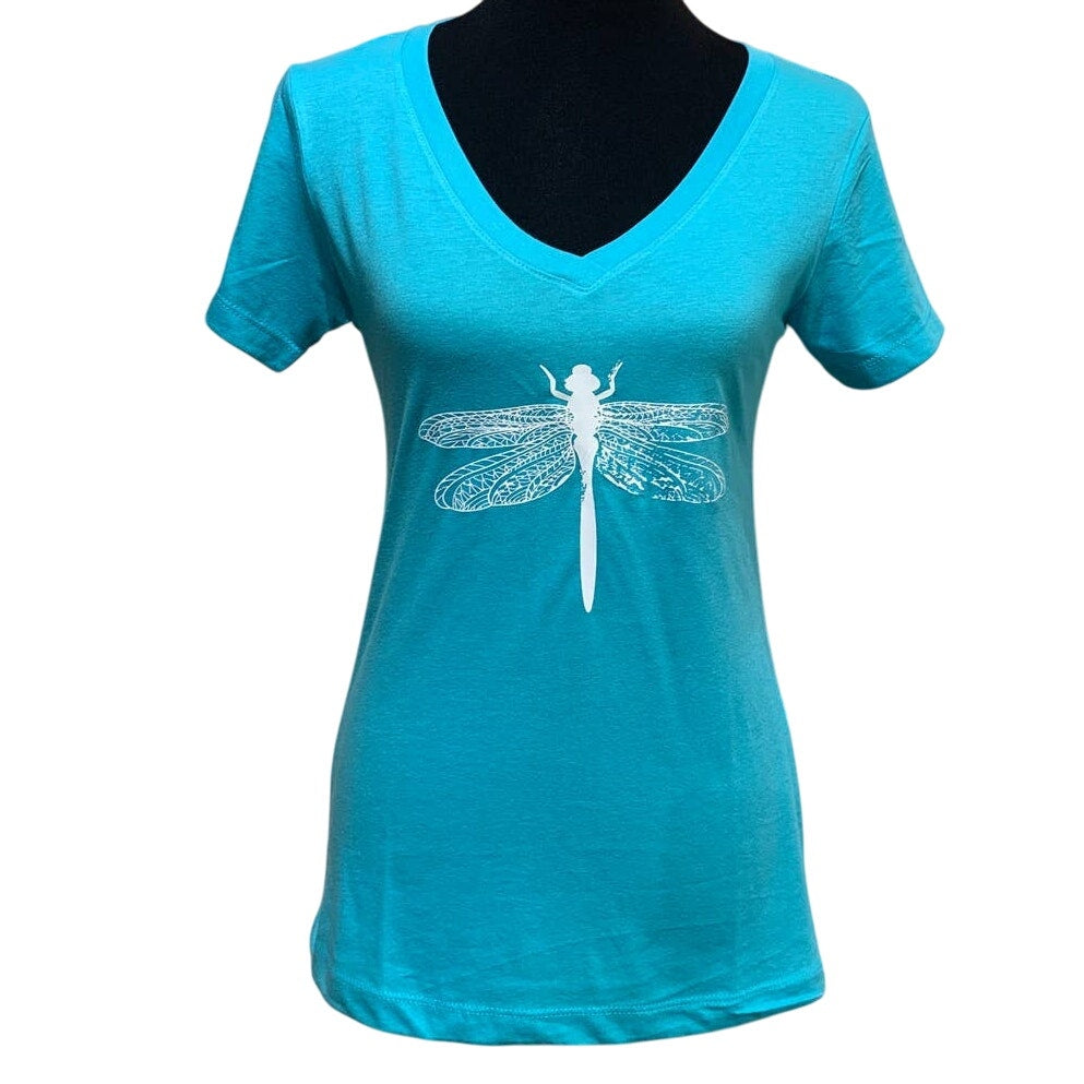 New Hand Printed Womens Small Dragonfly Short Sleeve PolyCotton Blend V-Neck Tee