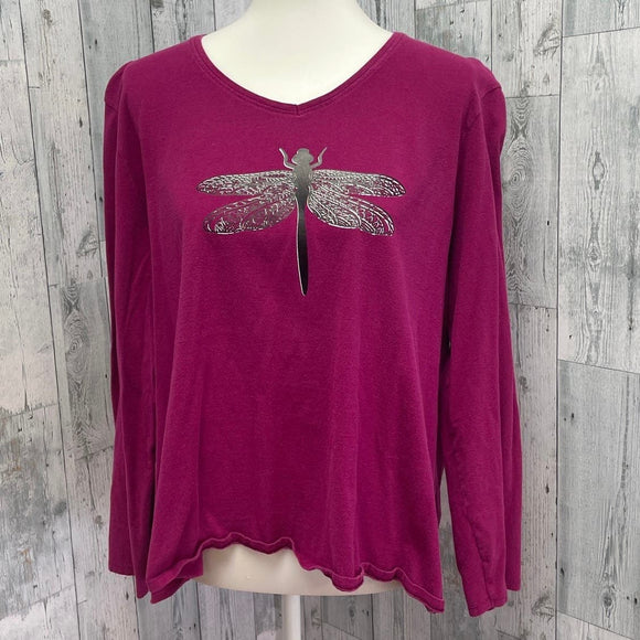 Hand Printed Upcycled Womens 2X Dragonfly PolyCotton Long Sleeve VNeck Tee