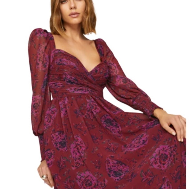 Badgley Mischka Size 6 Pink Purple Floral Flowy Open Back Long Sleeve Midi Dress