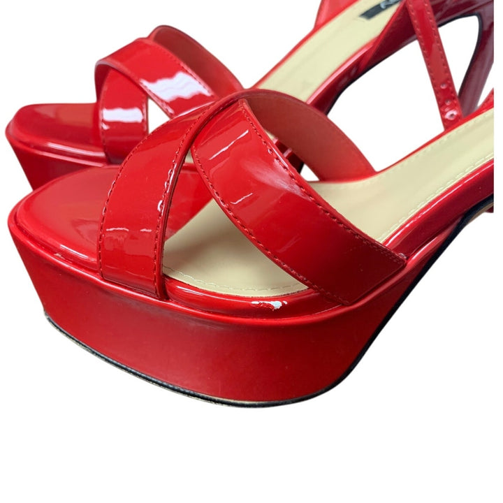 Dumjey Womens 8 Red Faux Leather 5" Heel Platform Open Toe Ankle Strap Shoes