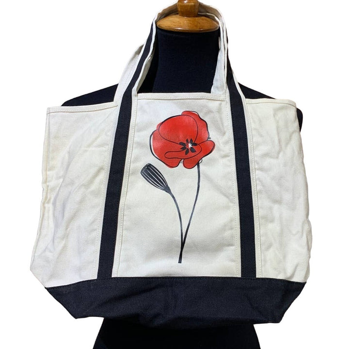 Hand Printed Upcycled Red Poppy Flower Small Cotton Canvas Tote Bag Purse