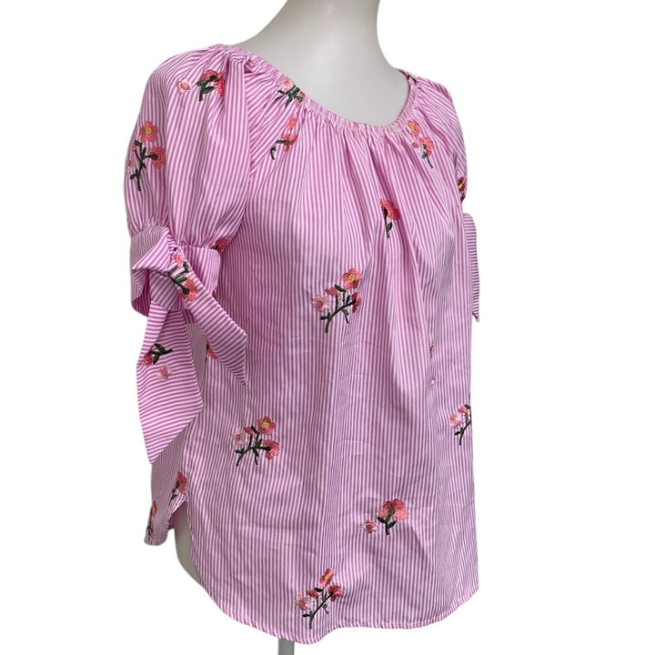 Rods Womens Small 100% Polyester Made In USA Floral Striped Short Tie Sleeve Top