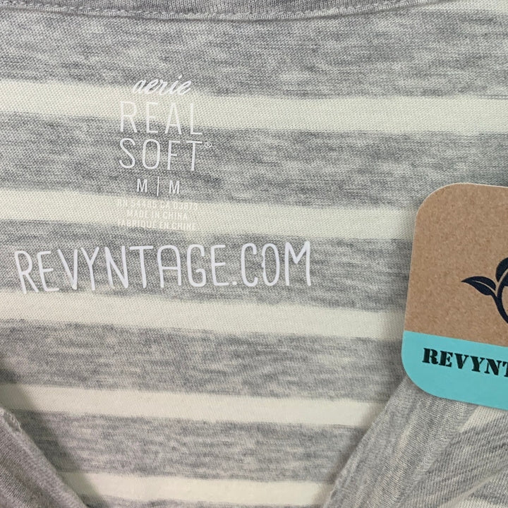 New Upcycled Hand Printed Womens Medium Striped Summer Vibes Crew Neck Tee