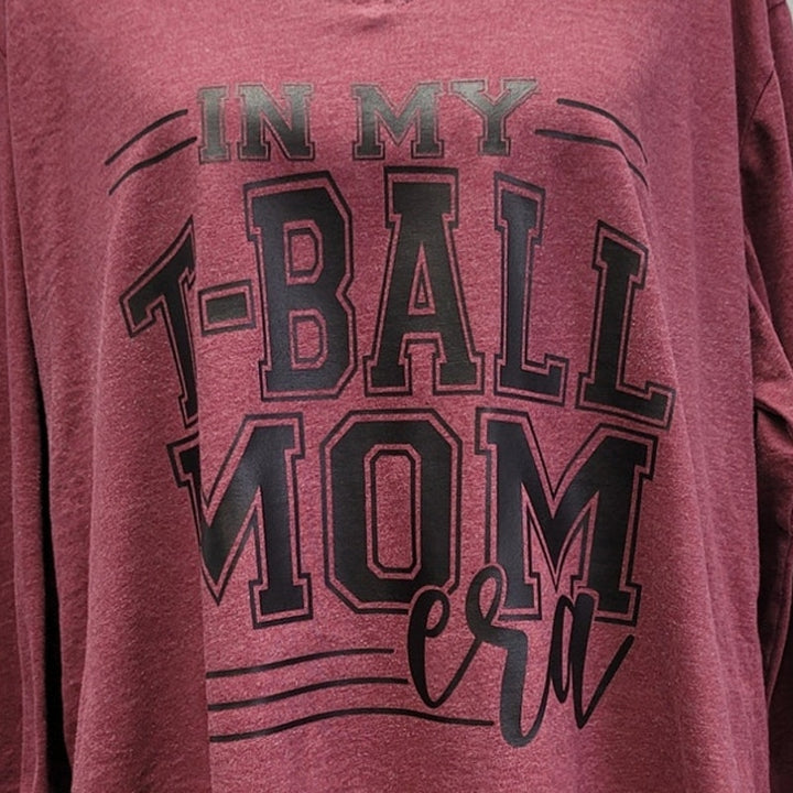 Hand Printed Upcycled Womens 1X In My T-Ball Era Long Sleeve VNeck Tee Shirt