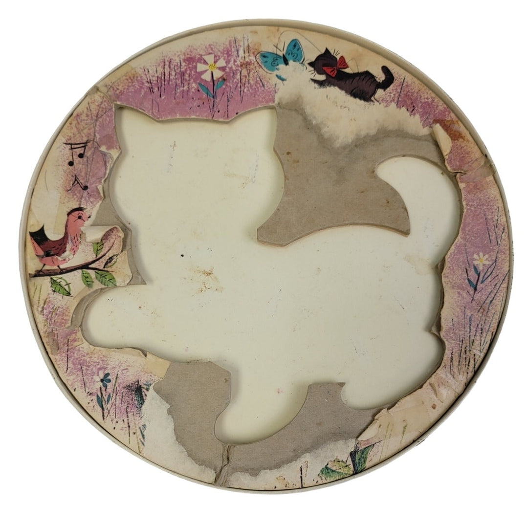 Vintage 1960s Plastic Pieces Toy Magnet Kitty Cat Round Jigsaw Puzzle Metal Tray