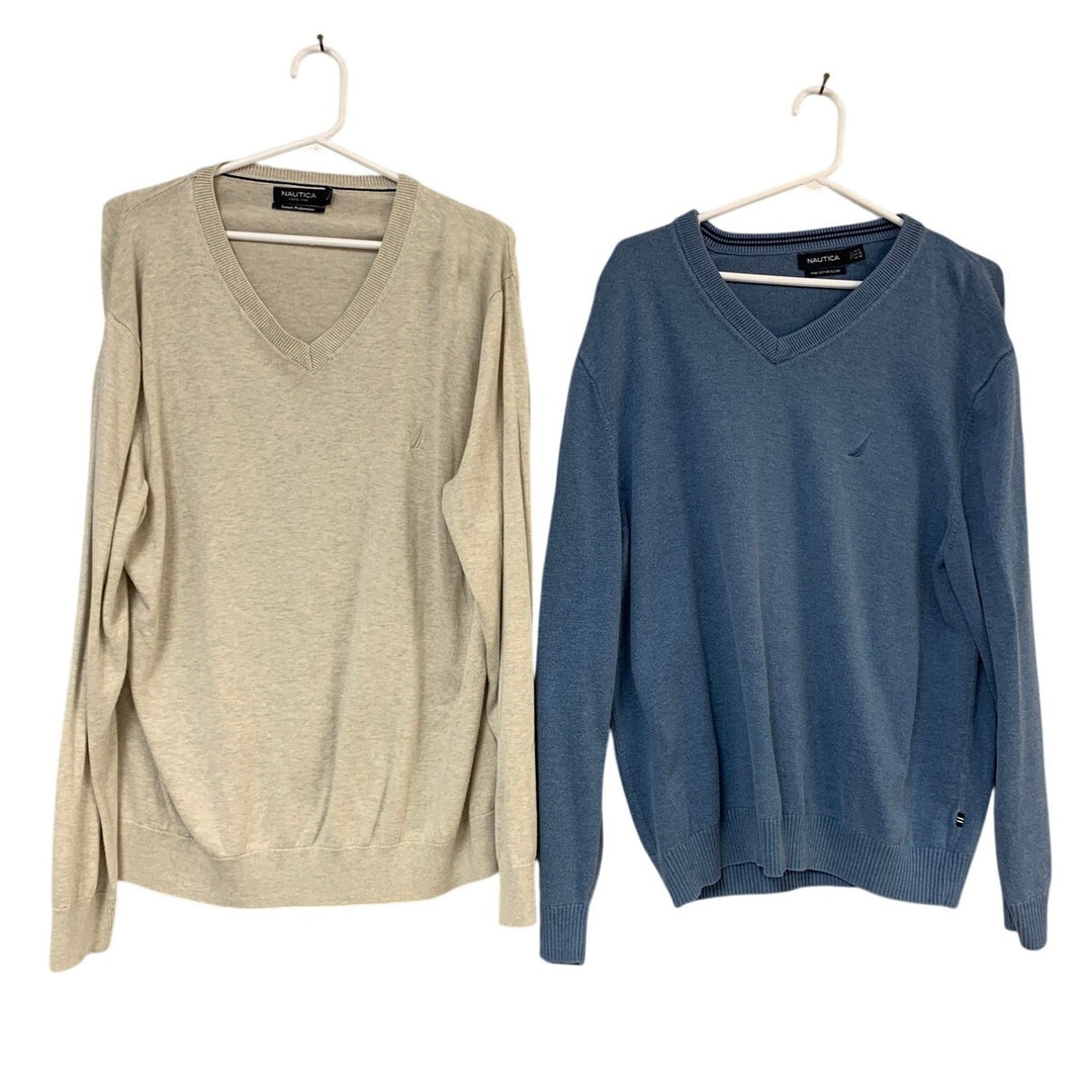 Lot of 2 Nautica Mens XL Heathered Gray Blue Long Sleeve V Neck Knit Sweaters